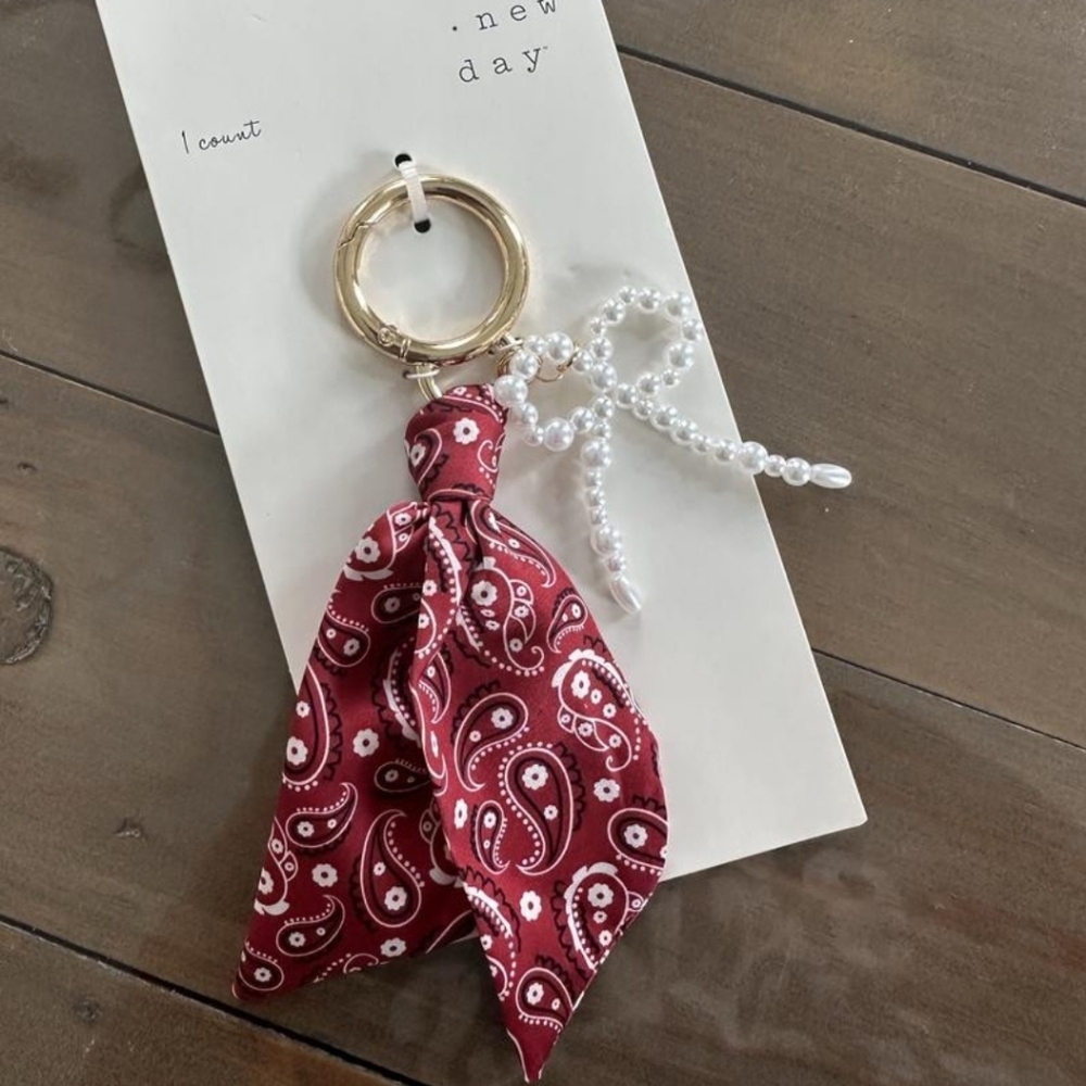 Bandana and Pearl Bow Handbag Charm Keychain NWT